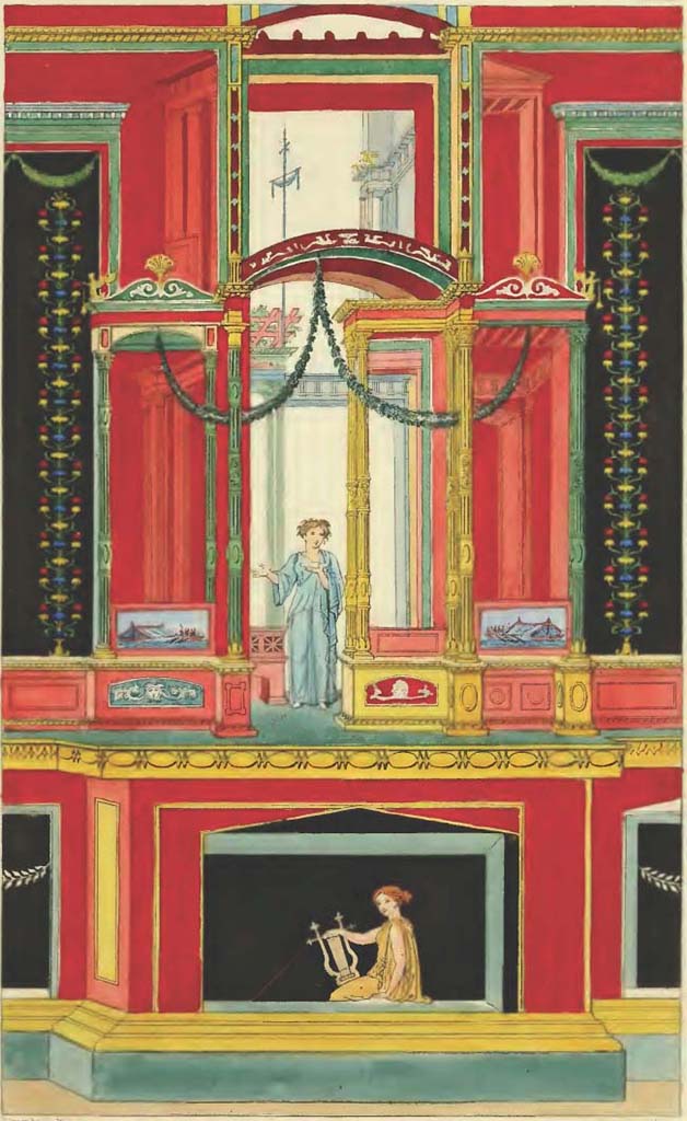 VII.9.7 and VII.9.8 Pompeii. 1832 painting of part of Macellum wall.
According to Gell, along the whole runs a sort of podium or base, generally of a yellow colour and highly ornamented, in which are compartments with figures, one of which, a female, has been selected for the base in Plate XIV., with a lyre, as more elegant than that which happens to be placed there in the original, which is also much defaced. The drawing from which this figure was reduced for the work was made by M. Zahn, Architectural Painter to the Elector of Hesse Cassel, an indefatigable and exact artist, who will contribute much to the embellishment of his native country on his return, and who kindly permitted the Author to copy and publish his picture.
See Gell W., 1832. Pompeiana: Vol. 1. London: Jennings and Chaplin, p. 54-5, Pl. XIV.