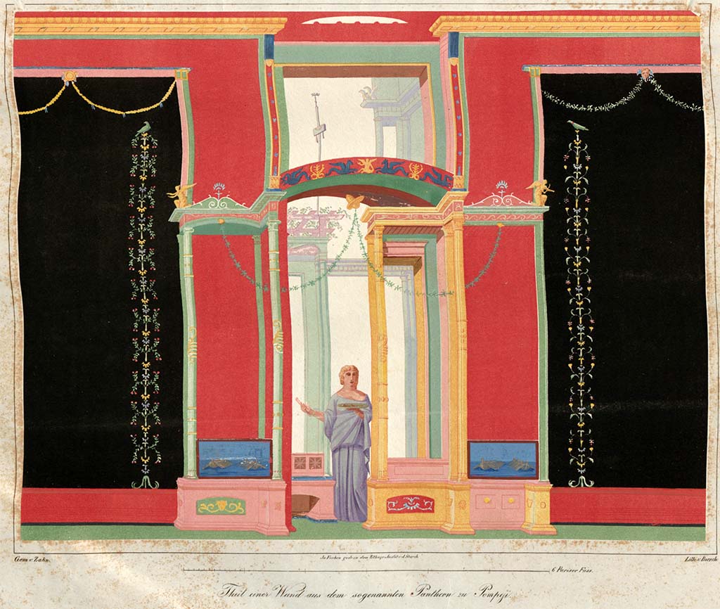VII.9.7 and VII.9.8 Pompeii. Macellum. Pre-1828.
Painting by Zahn of part of the west wall, showing the colours that decorated it.
See Zahn, W., 1828-29. Die schönsten Ornamente und merkwürdigsten Gemälde aus Pompeji, Herkulanum und Stabiae: I. Berlin: Reimer, taf. 19.