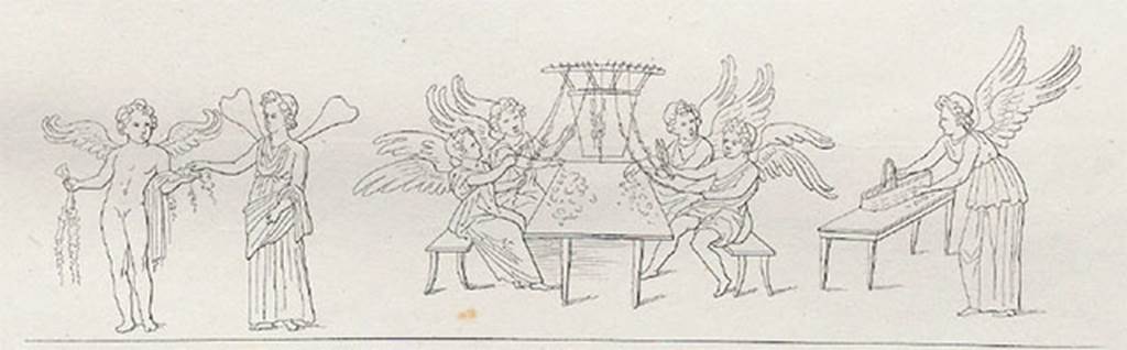 VII.9.19 Pompeii. Entrance prothyron. 1827 drawing of painting of cupids and psyches making garlands.
Two cupids and two psyches are seated at a table making garlands.
To the left stand a cupid holding garlands and a psyche.
On the right a psyche bends over a bench on which is a basket full of blooms.
See Gerhard E., 1828. Antike Bildwerke. Stuttgart: Cotta, Taf. LXII, 2.
See Helbig, W., 1868. Wandgemälde der vom Vesuv verschütteten Städte Campaniens. Leipzig: Breitkopf und Härtel, 800.
See Real Museo Borbonico IV, 1827, Tav. XLVII.
