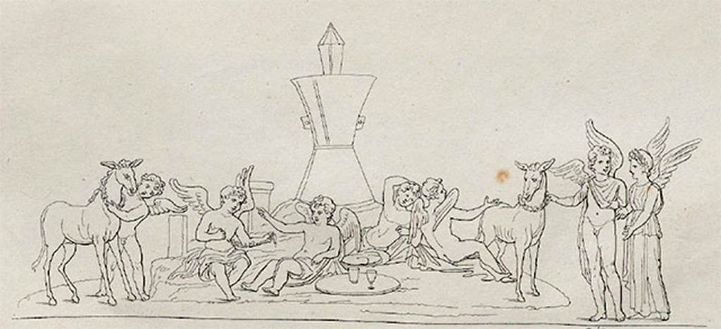 VII.9.19 Pompeii. Entrance prothyron. 1827 drawing of painting of cupids and psyches.
In the background is a millstone.
Two pairs of cupids are seated in front of this.
In the centre is a round tray with two beakers on it.
To the left a cupid appears to be putting a garland round the neck of a mule.
Another mule is on the right of the picture to the right of which a cupid and a psyche are standing.
See Gerhard E., 1828. Antike Bildwerke. Stuttgart: Cotta, Taf. LXII, 2.
See Helbig, W., 1868. Wandgemälde der vom Vesuv verschütteten Städte Campaniens. Leipzig: Breitkopf und Härtel, 777.
See Real Museo Borbonico VI, 1830, Tav. LI.