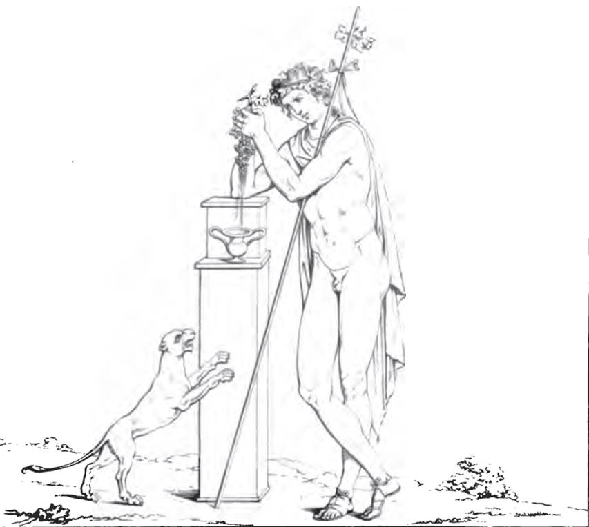 VII.9.30 Pompeii. Drawing of 1827 of painting on entrance doorway.
Bacchus is leaning upon a square pilaster and pressing the juice from a bunch of grapes into a kantharos.
The kantharos stands on the top of the square pilaster.  A panther is to the left of the pilaster.
See Real Museo Borbonico III, 1827, Tav. L (upper).
Kuivalainen comments �
�A young half-naked Bacchus, engaged in an activity rarely represented in Pompeian wall paintings.�
See Kuivalainen, I., 2021. The Portrayal of Pompeian Bacchus. Commentationes Humanarum Litterarum 140. Helsinki: Finnish Society of Sciences and Letters, p. 113-14, C12.

