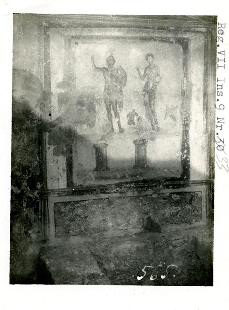 VII.9.33 Pompeii. Pre-1937-39.
Lararium painting of Mars and Venus standing side by side, from west wall.
Photo courtesy of American Academy in Rome, Photographic Archive. Warsher collection no. 565.