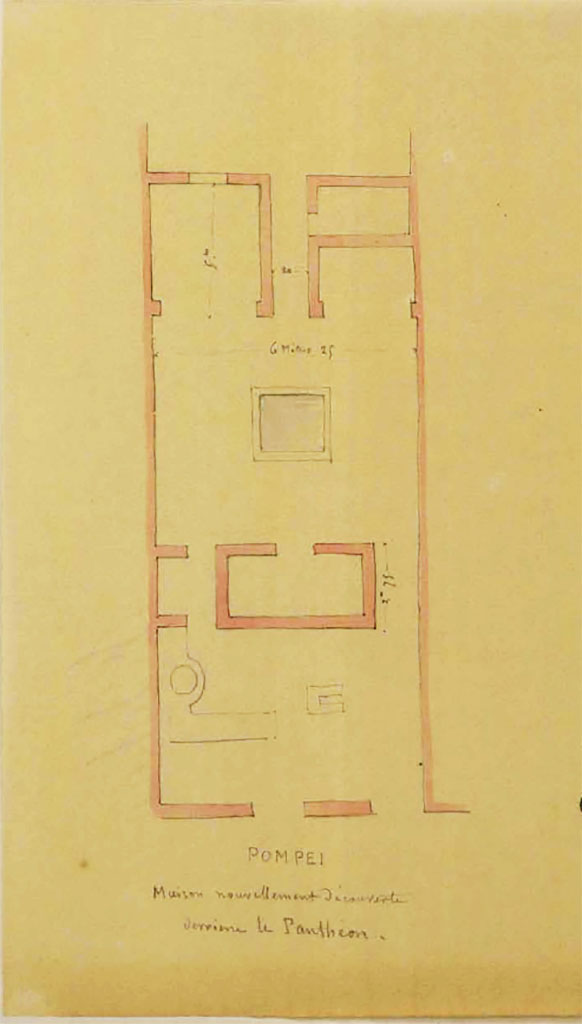 VII.9.41/40 Pompeii. Described as �House newly excavated behind the Pantheon�.
Undated sketch by Lesueur, showing doorway to shop at VII.9.41, lower centre, and doorway to corridor to house at VII.9.40, lower right. The upper doorway would lead into the garden area, and then VII.9.27. 
See Lesueur, Jean-Baptiste Ciceron. Voyage en Italie de Jean-Baptiste Ciceron Lesueur (1794-1883), pl. 42.
See Book on INHA reference INHA NUM PC 15469 (04)  � Licence Ouverte / Open Licence � Etalab

