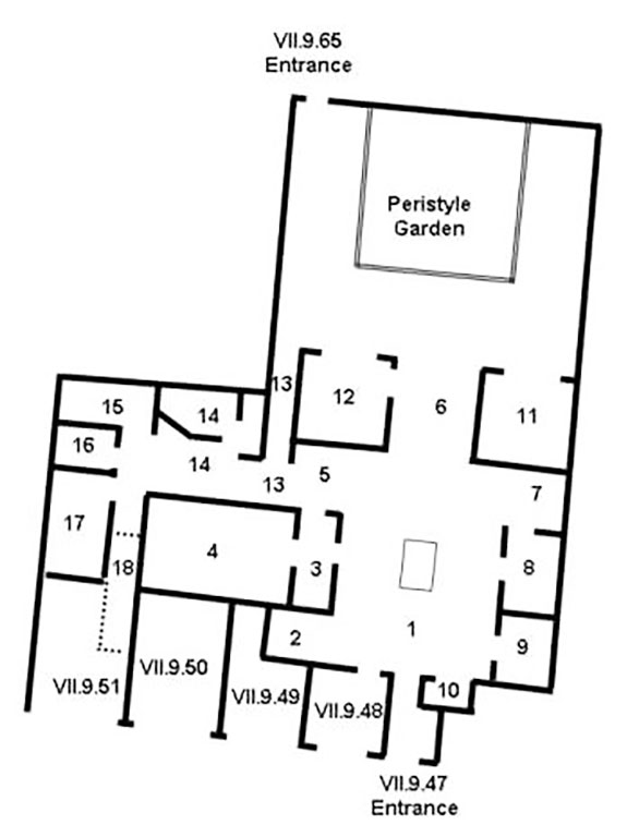 VII.9.47 Pompeii. Casa di Marte e Venere or Casa delle Nozze di Ercole
House of Mars and Venus or House of the Wedding of Hercules
Room Plan