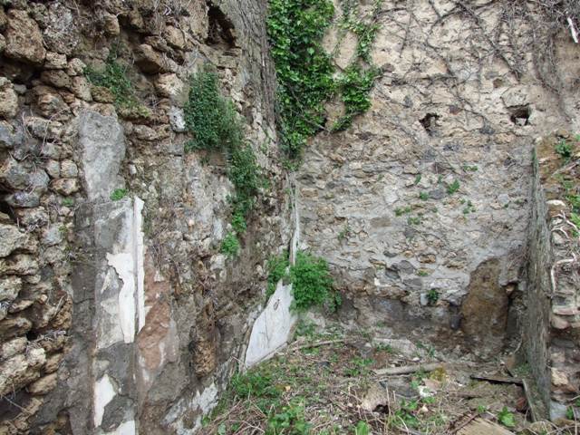VII.11.14 Pompeii. March 2009. Garden “C”, west wall. According to Boyce, above a rectangular podium a projecting arch was built against the back wall, thus forming a niche. The front part of the upper surface of the podium served as an altar for sacrifices, on the front side of the podium was a step. On the rear wall of the niche are painted Jupiter and the Genius, with a blazing cylindrical altar between them. To the right and left on the wall outside the niche were the poorly preserved figures of the Lares. The side walls and the vaulted ceiling of the niche were decorated with leafy boughs. The exterior of the structure was coated with stucco painted in several different colours.
See Boyce G. K., 1937. Corpus of the Lararia of Pompeii. Rome: MAAR 14. (p.69, no.310 with Pl.14,1)