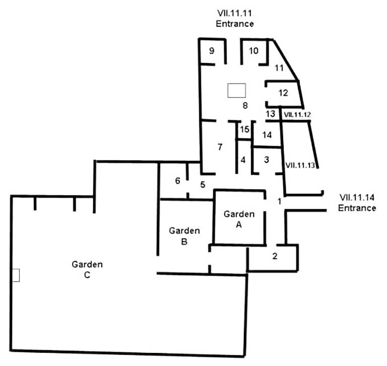 VII.11.11/14 Pompeii. Hospitium Christianorum
Combined Room Plan