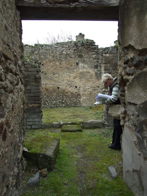 VII.11.14 Pompeii. March 2009. Room 1, looking north past fauces entrance, step to garden area and north to room 3, in passageway.