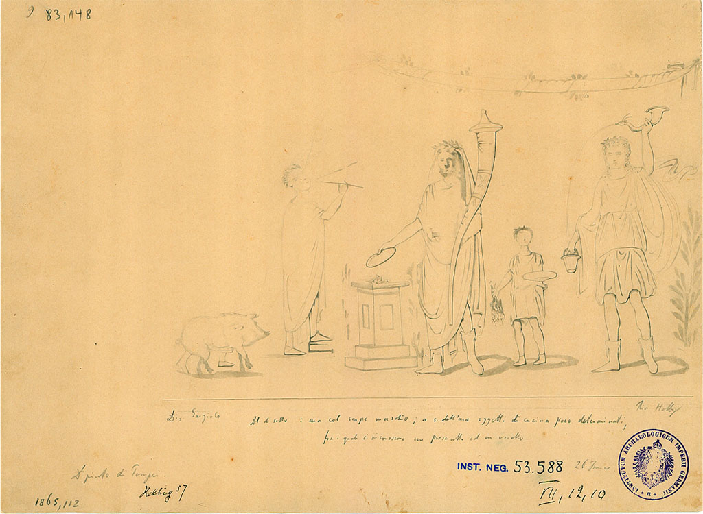 VII.12.10 Pompeii. 1865 drawing by Gargiulo of lararium painting found April 1863 on the west wall of the kitchen above the hearth.
The note on the drawing says: 
Al di sotto: ara col serpe maschio; a s. dell'ara oggetti di cucina poco determinati, fra i quali si riconoscono un prosciutto ed un uccello.
Below: altar with male snake; to the side of the altar not very determined kitchen objects, among which we recognize a ham and a bird.
DAIR 83.148. Photo � Deutsches Arch�ologisches Institut, Abteilung Rom, Arkiv. 
According to Fr�hlich, this drawing showed the upper zone.
According to Boyce, it depicted the usual sacrificial scene of the Genius assisted by the tibicen, popa and camillus.
The entire left side of the panel was missing.
Of the popa only one foot remained.
On each side of the central group was a Lar, of whom only the one on the right remained.
The Lar and the Genius were of the same stature.
See Boyce G. K., 1937. Corpus of the Lararia of Pompeii. Rome: MAAR 14. (p.70, no.314)
In the lower zone was a single male serpent beside an altar.
On the other side of the same altar various objects associated with the kitchen were shown.
Amongst them an eel, two hams and a bird could be distinguished.
See Fr�hlich, T., 1991. Lararien und Fassadenbilder in den Vesuvst�dten. Mainz: von Zabern. (L.90, Taf. 44,2)
According to BdI, 1864, the painting visible in the kitchen was found in April of the last year, and was described by Reifferscheid in AdI, 1863, p.123 item T. 
There was nothing to add other than the material that covered the chest of the Lares was blue, red that wrapped around the legs, falling to green, and white cloak. 
The left part of the painting was fallen and lost. The height of the painting was around I.32m.
See Bullettino dell�Instituto di Corrispondenza Archeologica (DAIR), 1864, p.115 (described as Casa III).
