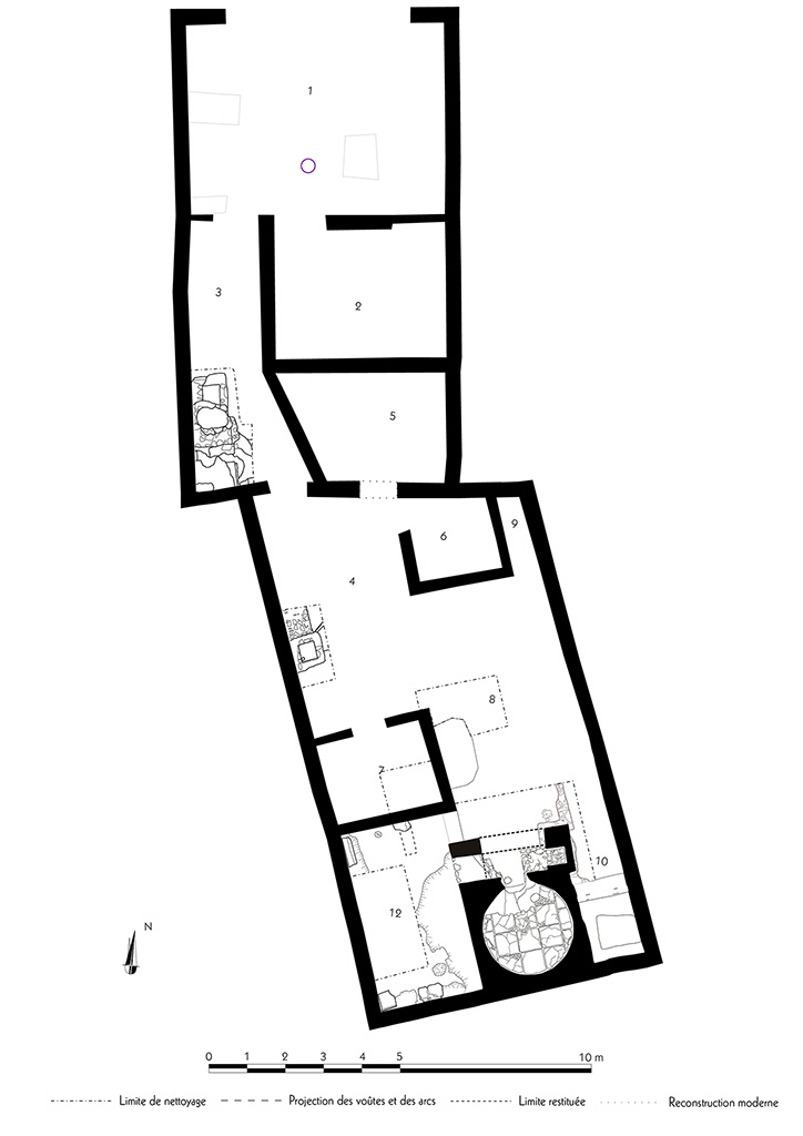 Fig. 48 � Pomp�i, boulangerie VII 12, 11 � Relev� de l�ensemble de la boulangerie.
�chelle : 1/100.
Relev� / dessin : F. Fouriaux / S. Aho / S. Mencarelli � EFR.

