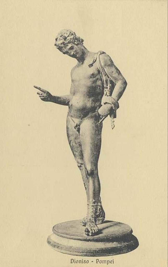 VII.12.17.21 Pompeii. Undated postcard by Sommer. Statuette of Narcissus, also sometimes described as Dionysus or Pan. Photo courtesy of Rick Bauer.