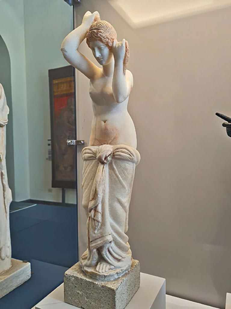 VII.12.23 Pompeii. October 2023.
Marble statue of Venus wringing out her hair. Photo courtesy of Giuseppe Ciaramella.
Now in Naples Archaeological Museum, inventory number 6292.
On display in “L’altra MANN” exhibition, October 2023, at Naples Archaeological Museum.