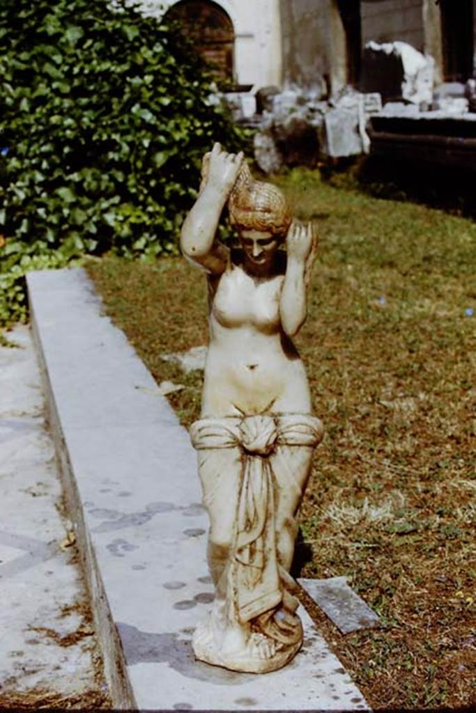 VII.12.23 Pompeii. 1971. Venus, standing half-draped arranging her hair. Found in a niche on the north wall on 10th April 1863. Photo by Stanley A. Jashemski.
Source: The Wilhelmina and Stanley A. Jashemski archive in the University of Maryland Library, Special Collections (See collection page) and made available under the Creative Commons Attribution-Non Commercial License v.4. See Licence and use details. J71f0287
Now in Naples Archaeological Museum, inventory number 6292.
See Carrella, A, D’Acunto L.A, Inserra, N e Serpe, C:: Marmora Pompeiana nel Museo Archeologico Nazionale di Napoli, (p.134-5, C23, Venere Anadyomene), in Studi della Soprintendenza archeologica di Pompei, 26.