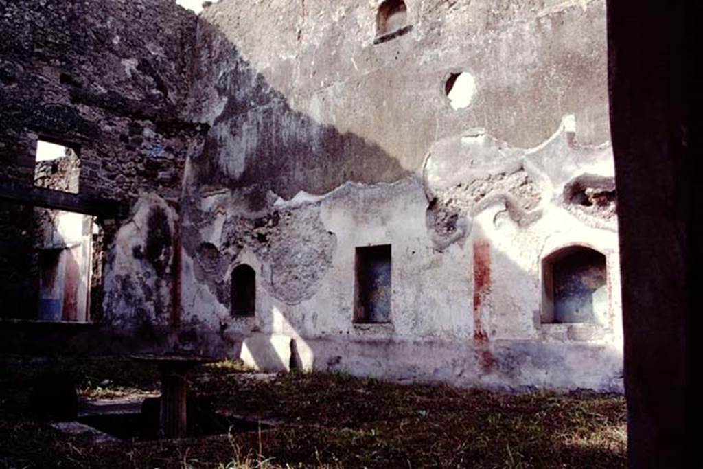 VII.12.23 Pompeii. 1984. Looking towards west wall with window, north-west corner, and north wall of garden area with niches.
Source: The Wilhelmina and Stanley A. Jashemski archive in the University of Maryland Library, Special Collections (See collection page) and made available under the Creative Commons Attribution-Non Commercial License v.4. See Licence and use details. J84f0041