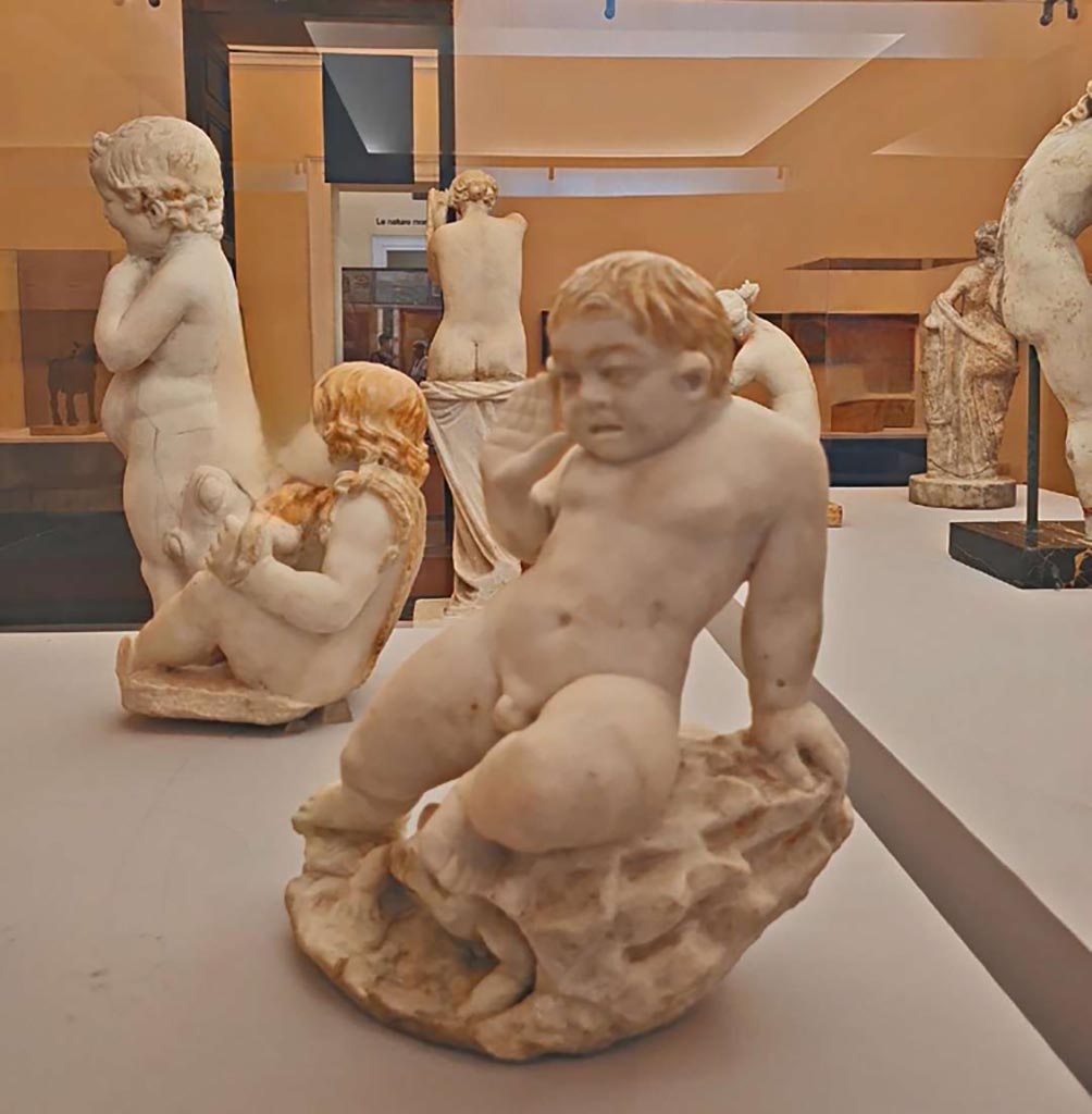 VII.12.23 Pompeii. October 2023. Two statuettes found in the garden area.
Centre left – (10) Fountain figure of child holding fruits in his mantle, (inv. 6500).
Centre right - (11) Fountain figure of a child frightened by a toad, (inv. 6537).
Photo courtesy of Giuseppe Ciaramella.
On display in “L’altra MANN” exhibition, October 2023, at Naples Archaeological Museum.