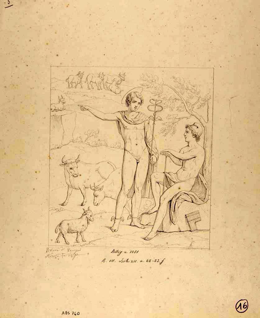 VII.12.23 Pompeii. Room to west of garden, north wall, west end.
Drawing by N. La Volpe of painting of Paris being informed of the arrival of the three goddesses by Hermes.
See Helbig, W., 1868. Wandgemälde der vom Vesuv verschütteten Städte Campaniens. Leipzig: Breitkopf und Härtel, (1281).
Now in Naples Archaeological Museum. Inventory number ADS 740.
Photo © ICCD. http://www.catalogo.beniculturali.it
Utilizzabili alle condizioni della licenza Attribuzione - Non commerciale - Condividi allo stesso modo 2.5 Italia (CC BY-NC-SA 2.5 IT)