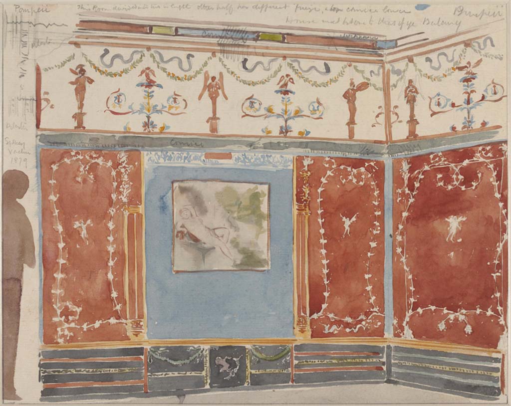 VII.12.23 Pompeii. c.1879. Painting by Sydney Vacher.
Room to west of garden area, east end of north wall, north-east corner, and east wall which would have had a window into the garden area.
The central painting at the east end of the north wall would have probably showed Ganimede and the eagle (H.156), already in a bad state of conservation in the last century.
Written on the painting are the words “This room is divided into two in length, other half has different frieze, and top cornice lower.”
Photo © Victoria and Albert Museum, inventory number E.4402-1910.