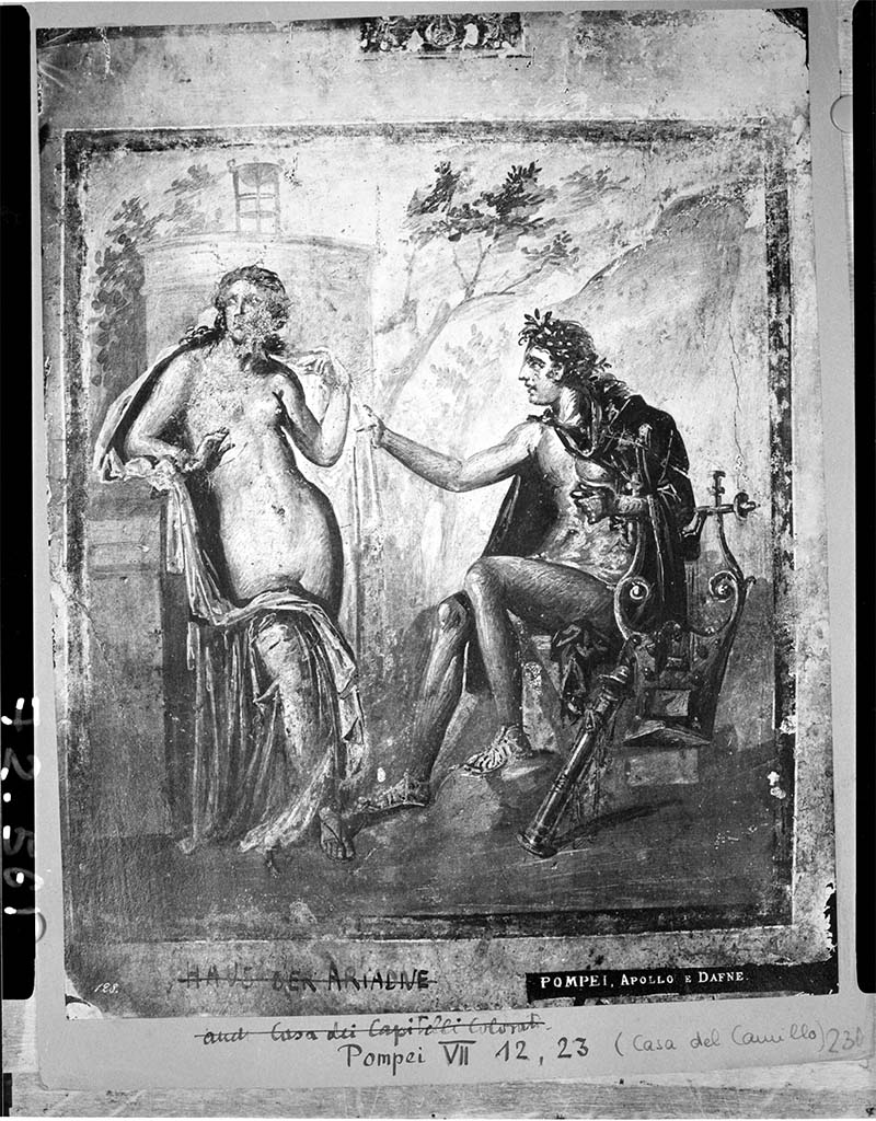 VII.12.23 Pompeii. Room to west of garden, west end of south wall.
Painting of Apollo and a female figure (Daphne?), today the painting is totally destroyed but shown in this old photograph.
DAIR 72.561. Photo © Deutsches Archäologisches Institut, Abteilung Rom, Arkiv.