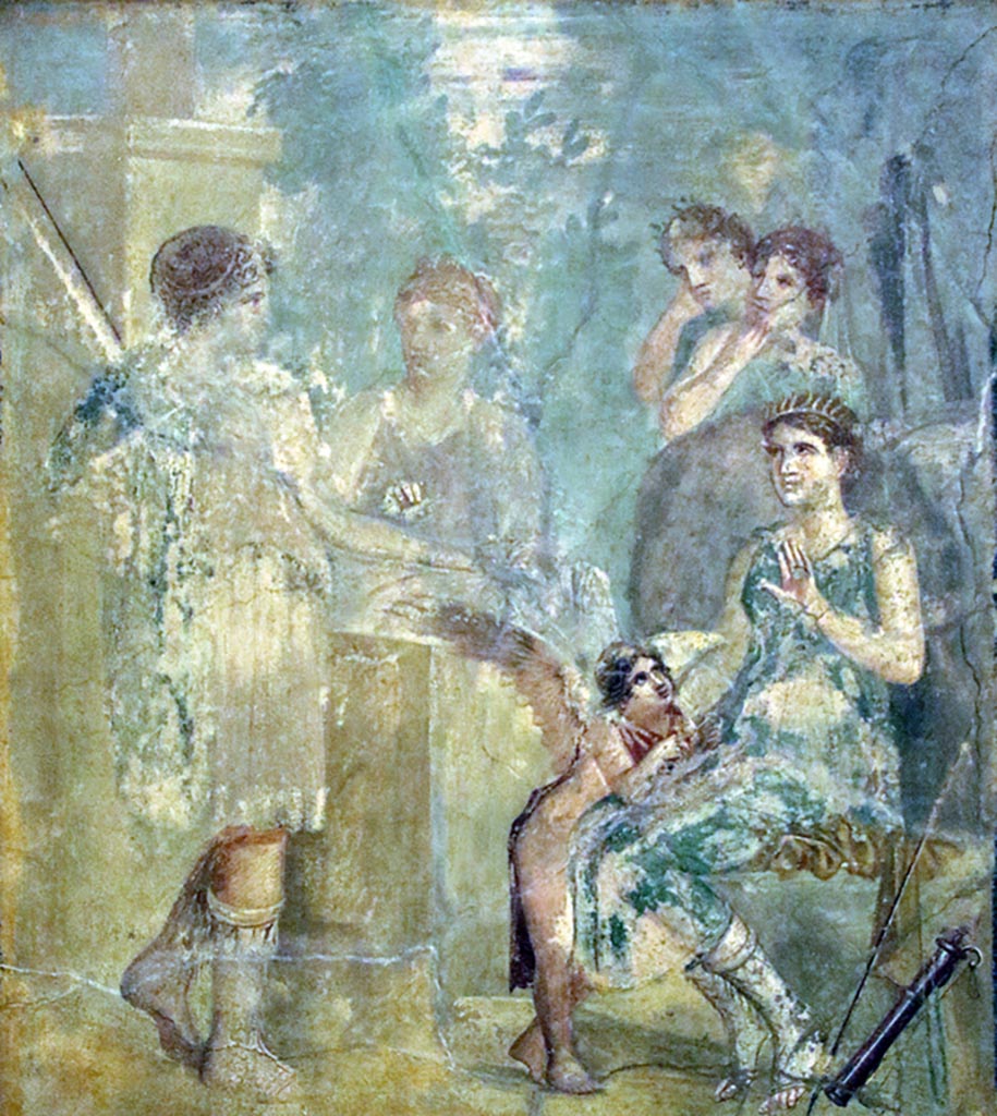 VII.12.26 Pompeii. Found on west wall in triclinium room on left hand side behind atrium.
Wall painting of Artemis, seated, turning towards the nymph Callisto.
Now in Naples Archaeological Museum. Inventory number 111441.
Photo courtesy of Giuseppe Ciaramella taken December 2019.