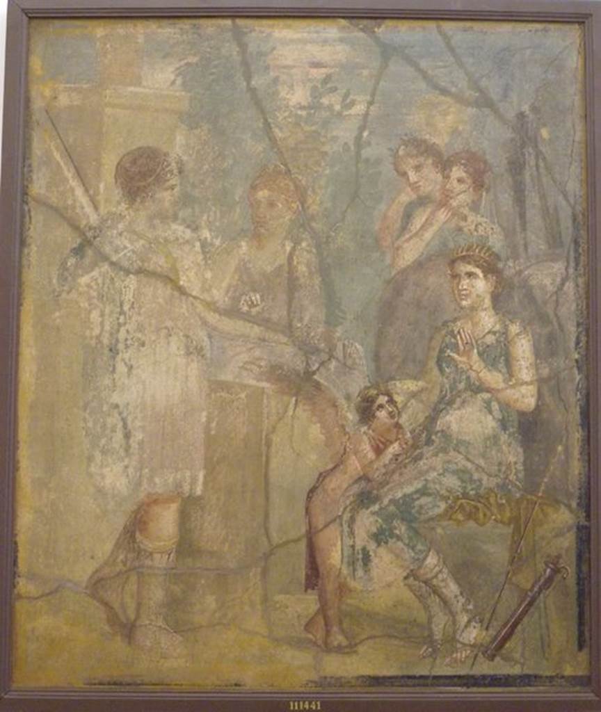 VII.12.26 Pompeii. Found in room on left hand side behind atrium.
Wall painting of Artemis, seated, turning towards the nymph Callisto.
Now in Naples Archaeological Museum. Inventory number 111441.
See Helbig, W., 1868. Wandgemälde der vom Vesuv verschütteten Städte Campaniens. Leipzig: Breitkopf und Härtel. (253).
According to Richardson, he thought this may have been a painting of Aeneas and Dido? He wrote that a wall painting of Theseus abandoning Ariadne was also found in this room. Also found was a Tondo (medallions) with head of a Satyr, and Tondi with busts. See Richardson, L., 2000. A Catalog of Identifiable Figure Painters of Ancient Pompeii, Herculaneum. Baltimore: John Hopkins. (p.146)