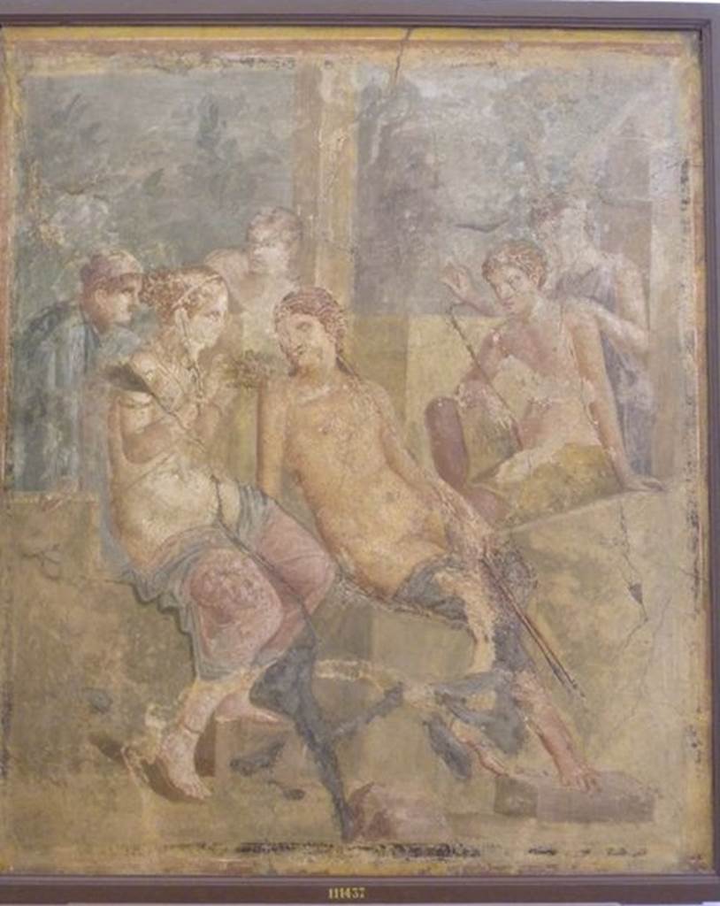 VII.12.26 Pompeii. Found in room on left hand side behind atrium. Wall painting of Aphrodite and a nest of cupids. Now in Naples Archaeological Museum. Inventory number 111437. See Helbig, W., 1868. Wandgemälde der vom Vesuv verschütteten Städte Campaniens. Leipzig: Breitkopf und Härtel. (823).