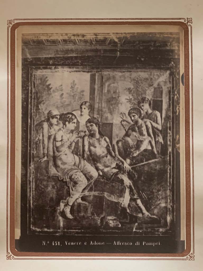 VII.12.26 Pompeii. From an album by Roberto Rive dated 1868.
Room 12, detail of painting of Venus giving some Cupids to Adonis, from centre of north wall.
This would seem to show the painting MANN 111437 but still in situ.
Photo courtesy of Rick Bauer.
A similar painting can be found in situ in VI.8.3/5.