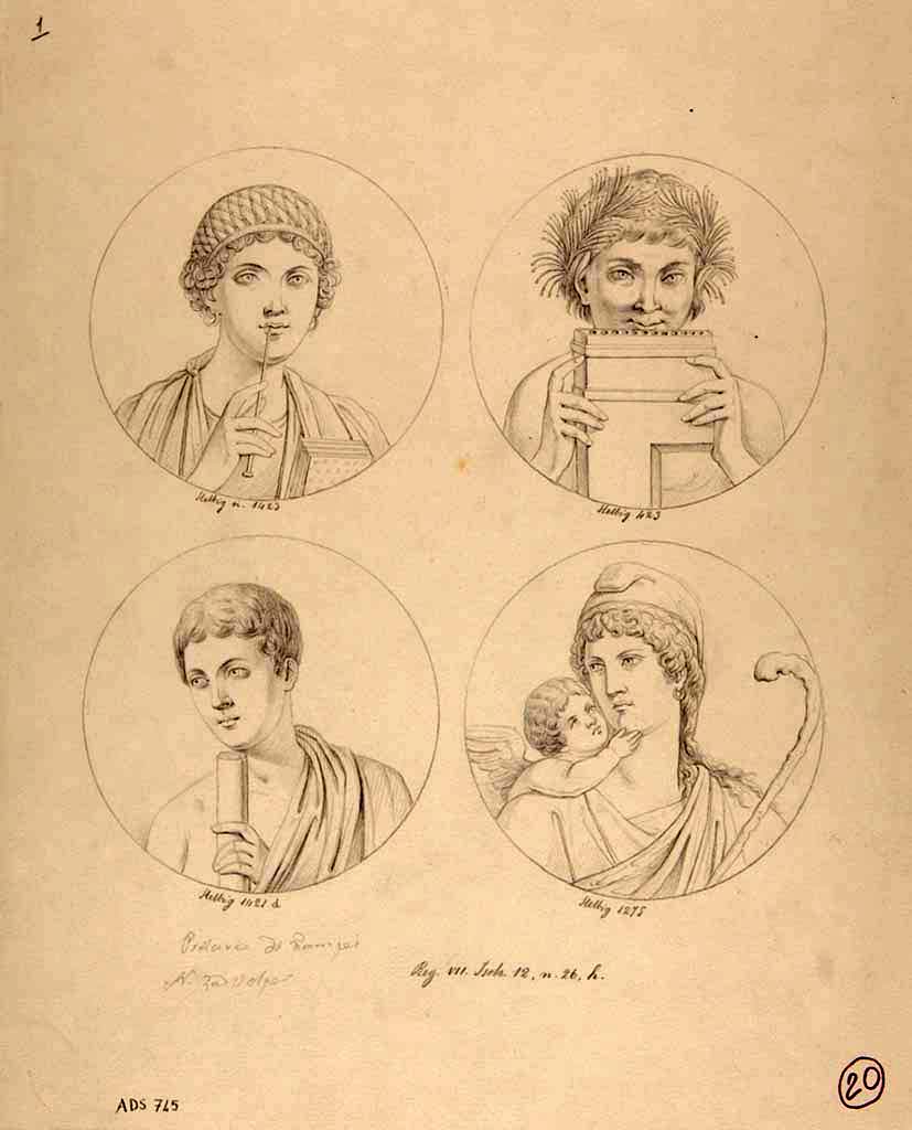 VII.12.26 Pompeii. Drawing by Nicola La Volpe of painted medallions found as wall decorations in triclinium.
All remained in situ and are all now faded and destroyed.
Top left – Head of a young girl with stylus, from west end of north wall, (Helbig 1423)
Top right - Satyr playing the pipes, from north end of east wall, (Helbig 423)
Below left – Head of a young man with a scroll, from east end of north wall, (Helbig 1420b).
Below right - Paris and cupid, from south end of east wall. (Helbig 1275)
See Helbig, W., 1868. Wandgemälde der vom Vesuv verschütteten Städte Campaniens. Leipzig: Breitkopf und Härtel.
Now in Naples Archaeological Museum. Inventory number ADS 745.
Photo © ICCD. http://www.catalogo.beniculturali.it
Utilizzabili alle condizioni della licenza Attribuzione - Non commerciale - Condividi allo stesso modo 2.5 Italia (CC BY-NC-SA 2.5 IT)