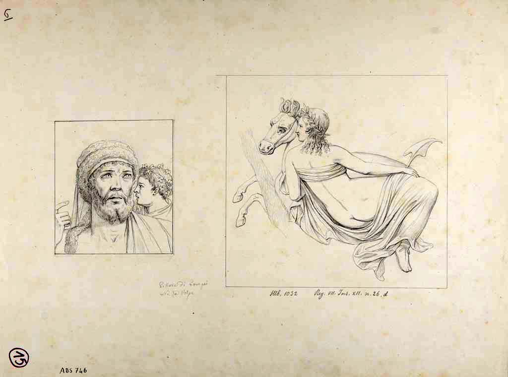 VII.12.26 Pompeii. Drawing by Nicola La Volpe, of paintings from the walls of the room on the east side of the entrance corridor.
On the left is a painting of the heads of Hercules and Omphale (Helbig 1135) and on the right is a painting of a Nereid on a sea-horse (Helbig 1032).
Left in situ, these are now completely destroyed.
See Helbig, W., 1868. Wandgemälde der vom Vesuv verschütteten Städte Campaniens. Leipzig: Breitkopf und Härtel.
Now in Naples Archaeological Museum. Inventory number ADS 746.
Photo © ICCD. http://www.catalogo.beniculturali.it
Utilizzabili alle condizioni della licenza Attribuzione - Non commerciale - Condividi allo stesso modo 2.5 Italia (CC BY-NC-SA 2.5 IT)