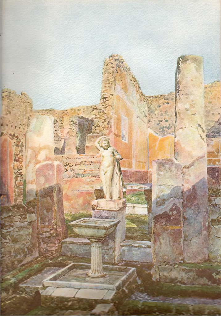 VII.12.28 Pompeii. c.1908. Watercolour by Luigi Bazzani. Looking north across garden area.
In the rear, on the right, the decorated north wall of the exedra can be seen.
Now in Naples Archaeological Museum, inventory number 139411.
