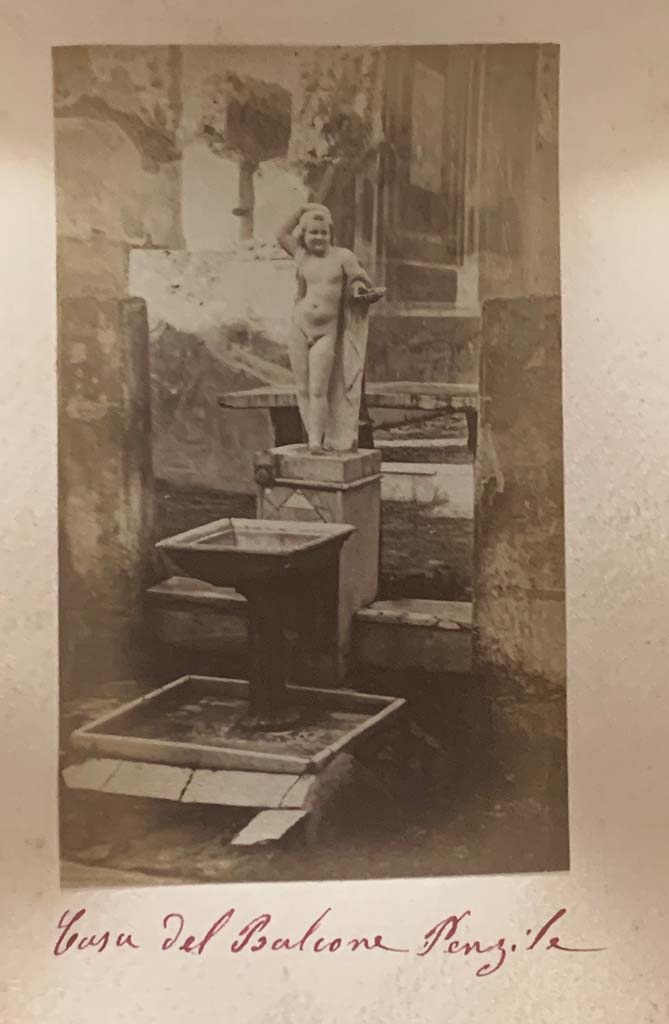 VII.12.28 Pompeii. From an album dated c.1875-1885.
Looking north towards fountain and statue in Viridarium. Photo courtesy of Rick Bauer.