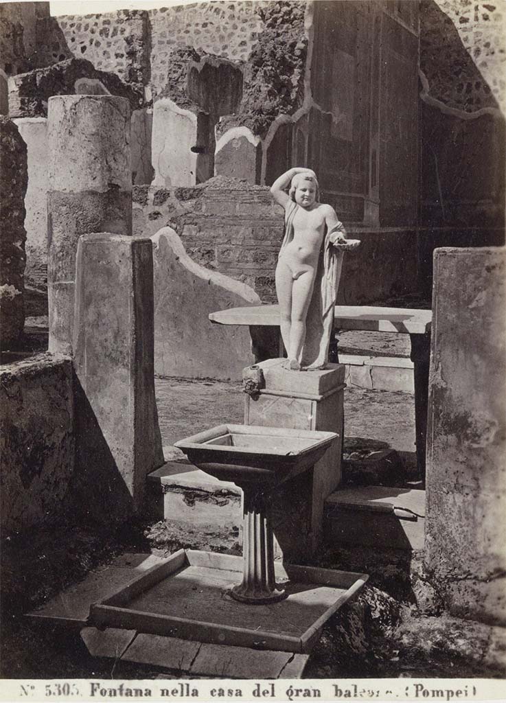 VII.12.28 Pompeii. Looking north towards fountain and statue in Viridarium.
19th century album photo by G. Sommer, no. 5305.
