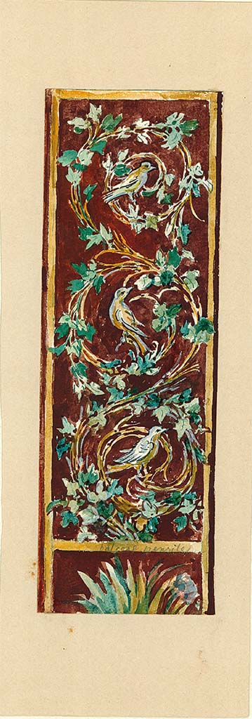 VII.12.28 Pompeii.
Watercolour of painted decoration from an unknown room, but may be from the pilaster at the side of the fountain and statue, see above.
On the lower horizontal bar of the painting are the words "Balcone Pensile".
DAIR 83.150. Photo © Deutsches Archäologisches Institut, Abteilung Rom, Arkiv.
