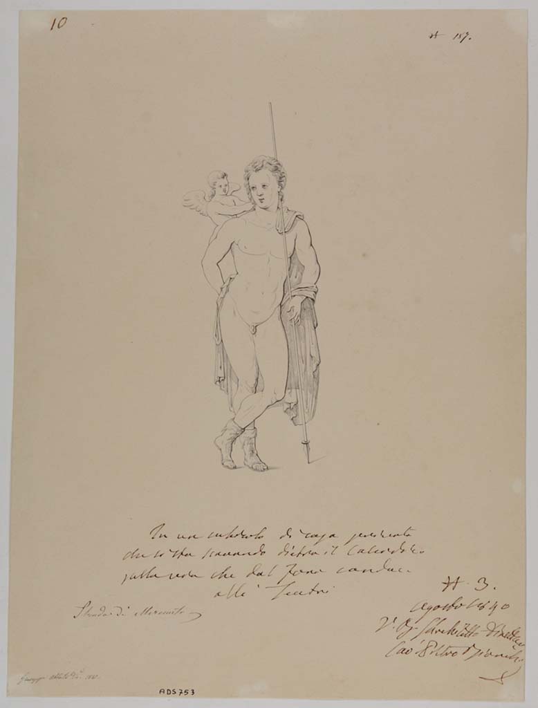 VII.13.4 Pompeii. Drawing by Giuseppe Abbate, 1840, of a painting of a young standing hunter (according to Helbig - Adonis?) with a cupid. 
See Helbig, W., 1868. Wandgem�lde der vom Vesuv versch�tteten St�dte Campaniens. Leipzig: Breitkopf und H�rtel, (1395).
Now in Naples Archaeological Museum. Inventory number ADS 753.
Photo � ICCD. http://www.catalogo.beniculturali.it
Utilizzabili alle condizioni della licenza Attribuzione - Non commerciale - Condividi allo stesso modo 2.5 Italia (CC BY-NC-SA 2.5 IT)
