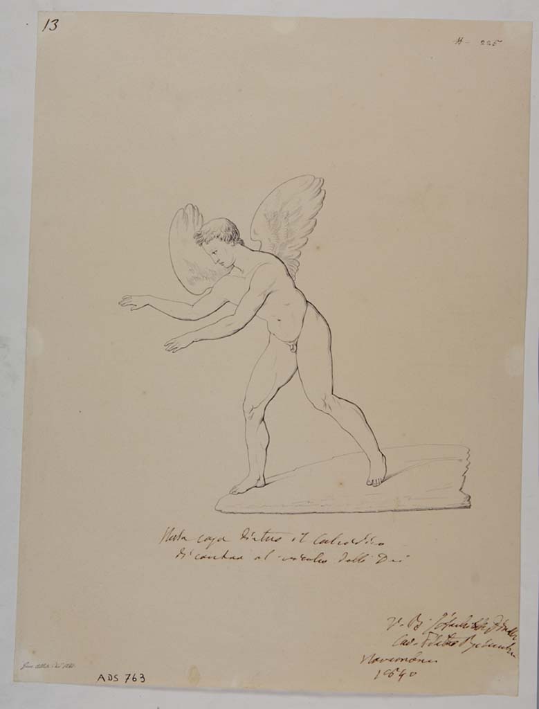 VII.13.4 Pompeii. Drawing by Giuseppe Abbate, 1840, of a painting of a cupid.
This painting has now faded and been destroyed, and it is not certain from which room it came.
According to PPM this was executed contemporaneously with the excavations and may be from cubiculum (i) the same cubiculum as ADS 753 by Abbate and a drawing from La Volpe some 20 years later. 
Now in Naples Archaeological Museum. Inventory number ADS 763.
Photo � ICCD. http://www.catalogo.beniculturali.it
Utilizzabili alle condizioni della licenza Attribuzione - Non commerciale - Condividi allo stesso modo 2.5 Italia (CC BY-NC-SA 2.5 IT)
See Carratelli, G. P., 2003. Pompei: La documentazione nell'Opera di disegnatori e pittori dei secoli XVIII e XIX. Roma: Istituto della enciclopedia italiana, p. 254, fig. 30; p. 688, fig. 141.
