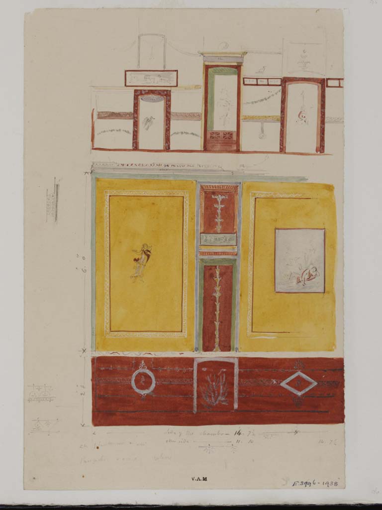 VII.13.4 Pompeii. c.1840. Painting by James William Wild, from north wall of oecus showing painting of Ganymede in central panel.
In the left side panel is a painting of Spring.
Photo � Victoria and Albert Museum, inventory number E.3996-1938.
