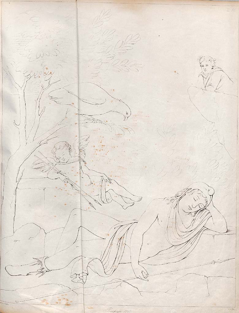 VII.13.4 Pompeii. 1840. Drawing by Zahn of sleeping Ganymede, from north wall of oecus/cubiculum.
According to Zahn, this painting was discovered in the Strada de� Mercadanti, in a house near to the Calcidium, opposite the Casa del Cignale, (Cinghiale).
See Zahn, W., 1842-44. Die sch�nsten Ornamente und merkw�rdigsten Gem�lde aus Pompeji, Herkulanum und Stabiae: II. Berlin: Reimer, taf. 32.
