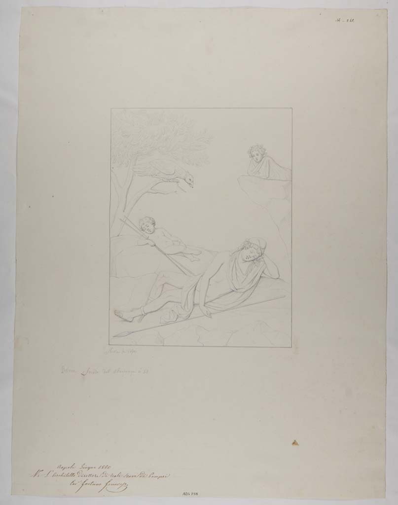 VII.13.4 Pompeii. Drawing by Nicola La Volpe, April 1860, of the painting of sleeping Ganymede and the eagle, twenty years later. 
Now in Naples Archaeological Museum. Inventory number ADS 758.
Photo � ICCD. http://www.catalogo.beniculturali.it
Utilizzabili alle condizioni della licenza Attribuzione - Non commerciale - Condividi allo stesso modo 2.5 Italia (CC BY-NC-SA 2.5 IT)
