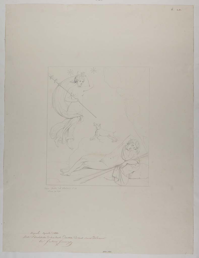 VII.13.4 Pompeii. Drawing by Nicola La Volpe, April 1860, of painting from wall of triclinium/oecus/cubiculum on east side of peristyle, twenty years later.  
The drawing was of the painting showing Endymion and Selene.
Now in Naples Archaeological Museum. Inventory number ADS 755.
Photo � ICCD. http://www.catalogo.beniculturali.it
Utilizzabili alle condizioni della licenza Attribuzione - Non commerciale - Condividi allo stesso modo 2.5 Italia (CC BY-NC-SA 2.5 IT)
See Helbig, W., 1868. Wandgem�lde der vom Vesuv versch�tteten St�dte Campaniens. Leipzig: Breitkopf und H�rtel, (942).
