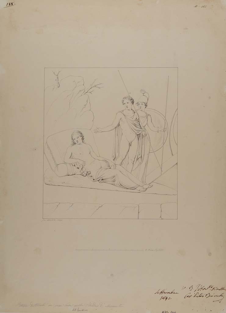 VII.14.5 Pompeii. Drawing by Giuseppe Abbate, 1842, of painting showing Theseus and Ariadne.
This painting was left in situ in room 12 and has now completely disappeared. 
See Helbig, W., 1868. Wandgem�lde der vom Vesuv versch�tteten St�dte Campaniens. Leipzig: Breitkopf und H�rtel, (1221).
Now in Naples Archaeological Museum. Inventory number ADS 766.
Photo � ICCD. http://www.catalogo.beniculturali.it
Utilizzabili alle condizioni della licenza Attribuzione - Non commerciale - Condividi allo stesso modo 2.5 Italia (CC BY-NC-SA 2.5 IT)
