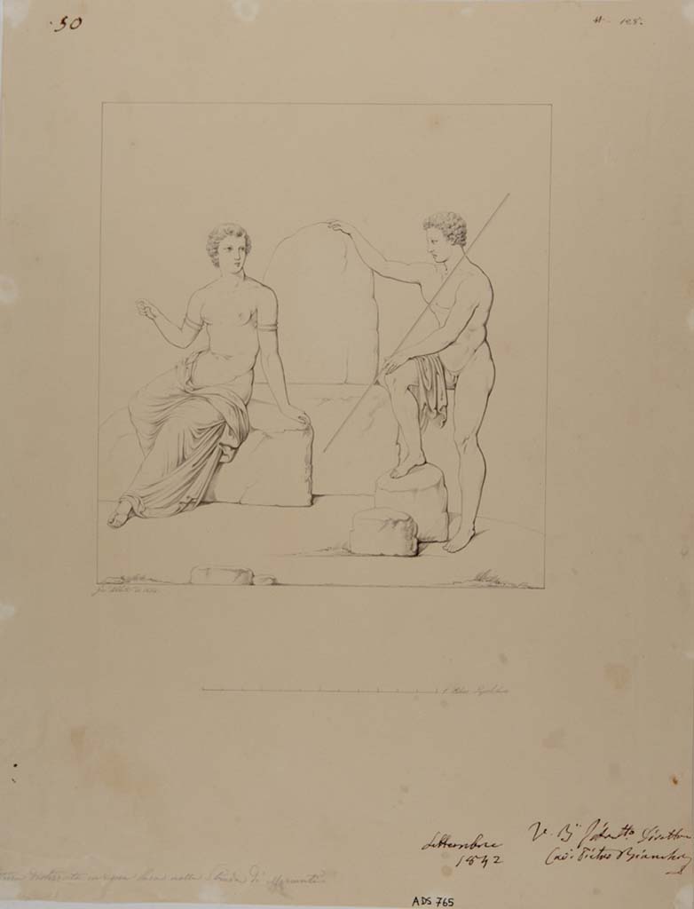 VII.14.5 Pompeii. Drawing by Giuseppe Abbate, 1842, of painting showing Io and Argo. 
This painting was left in situ in room 12 and has now completely disappeared. 
See Helbig, W., 1868. Wandgem�lde der vom Vesuv versch�tteten St�dte Campaniens. Leipzig: Breitkopf und H�rtel, (134).
Now in Naples Archaeological Museum. Inventory number ADS 765.
Photo � ICCD. http://www.catalogo.beniculturali.it
Utilizzabili alle condizioni della licenza Attribuzione - Non commerciale - Condividi allo stesso modo 2.5 Italia (CC BY-NC-SA 2.5 IT)
