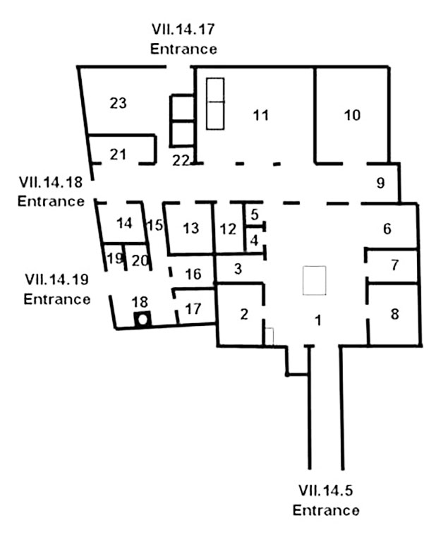 VII.14.5, 17, 18 and 19 plan VII.14.5 Pompeii. Casa del Cambio or Casa del Banchiere or Casa della Regina d’Inghilterra
Combined Room Plan of VII.14.5, 17, 18 and 19