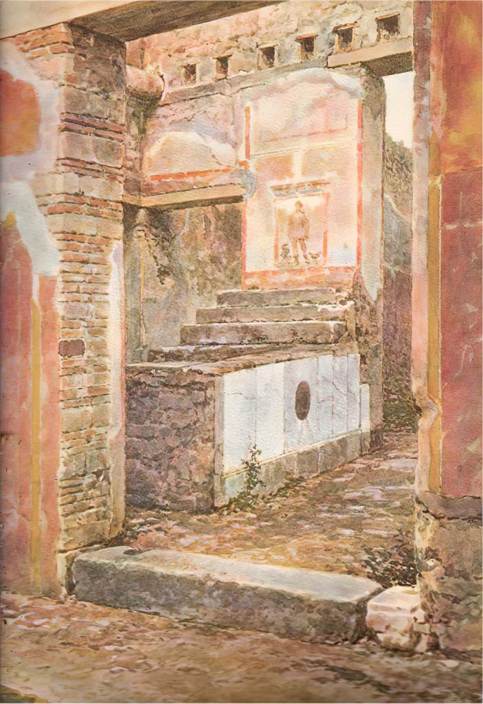 VII.15.5 Pompeii. September 2005. West side of niche. Red panel with remains of painted yellow and black serpent coiling upwards, with the head at the top. See Boyce G. K., 1937. Corpus of the Lararia of Pompeii. Rome: MAAR 14.  (p. 72, no.330, plate 12,3).
