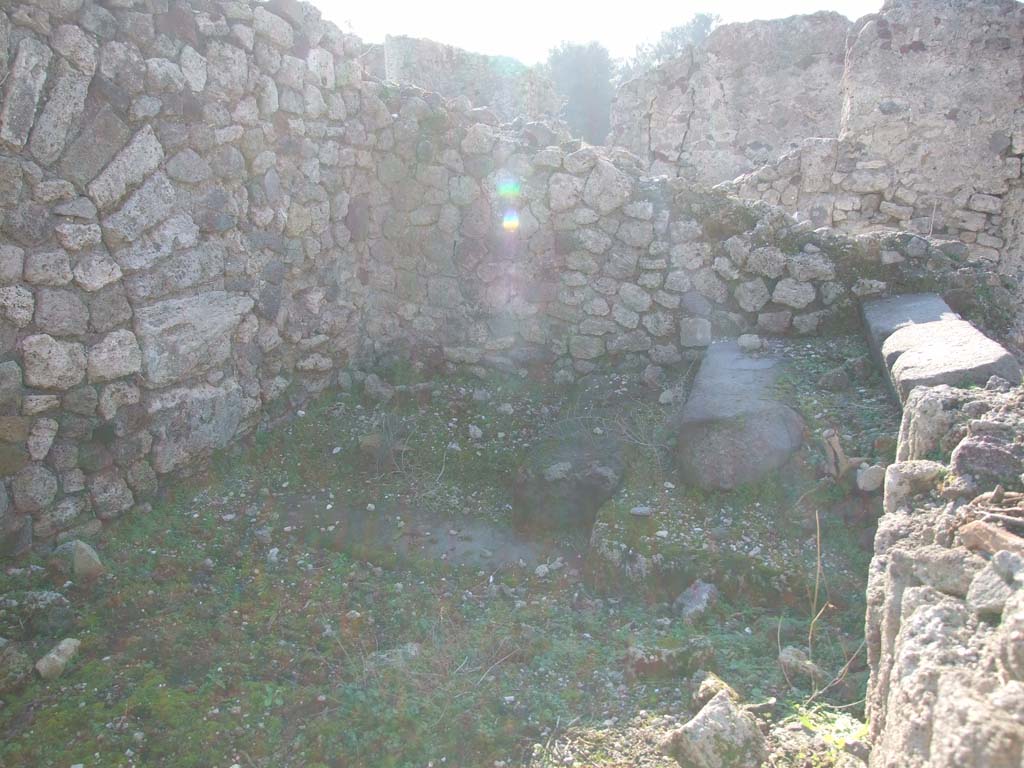 VII.16.13 Pompeii. December 2007. Room 29, looking west to site of steps.
According to Boyce, in the west wall of the rear room with the large oven was an arched niche. 
Its walls were profusely decorated on a pink background with spots of many colours combined with star-like flowers on the vaulted ceiling.
See Boyce G. K., 1937. Corpus of the Lararia of Pompeii. Rome: MAAR 14. (p. 73, no. 339, location given as VII.16.12).
