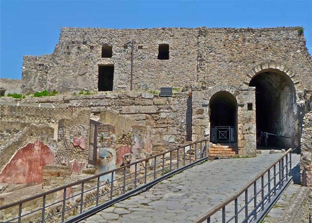 VII.16.13 Pompeii. May 2011.  Looking east towards area above the Suburban Baths on the north side of the Porta Marina. The doorway to room 47, as well as areas 44 and 45 in front of it , can be seen above the original city walls. Photo courtesy of Michael Binns.
