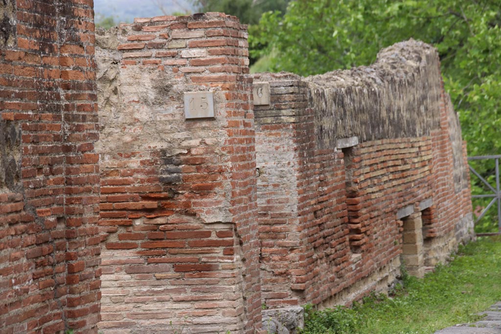 VII.16.15 Pompeii, on left. May 2024.
Looking north in Vicolo del Gigante towards entrance doorways to VII.16.15 and VII.16.16. Photo courtesy of Klaus Heese.