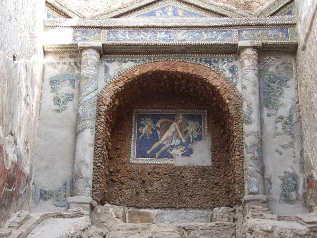 VII.16.a Pompeii. December 2006. Room 9, nymphaeum. Mosaic showing Mars and three cherubs.