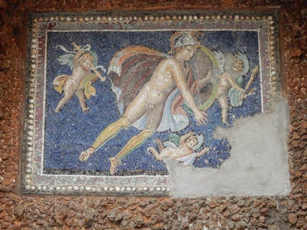 VII.16.a Pompeii. May 2015. Room 9, nymphaeum. Detail of mosaic centrepiece with Mars and three cherubs. Photo courtesy of Buzz Ferebee.