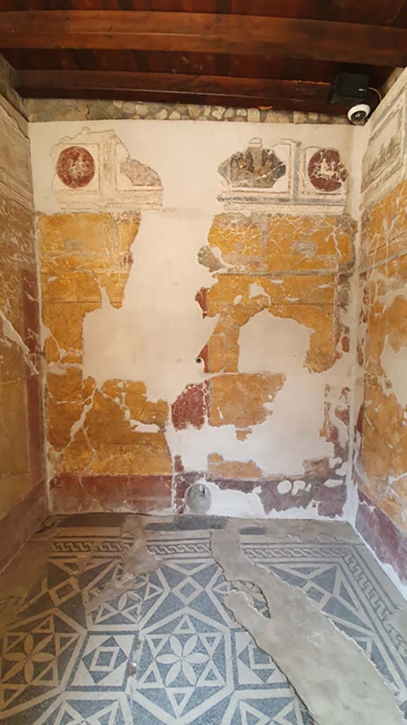VII.16.a Pompeii. July 2021. 
Room 1, mosaic floor, looking towards north wall with painting and stucco work. 
Foto Annette Haug, ERC Grant 681269 DÉCOR.

