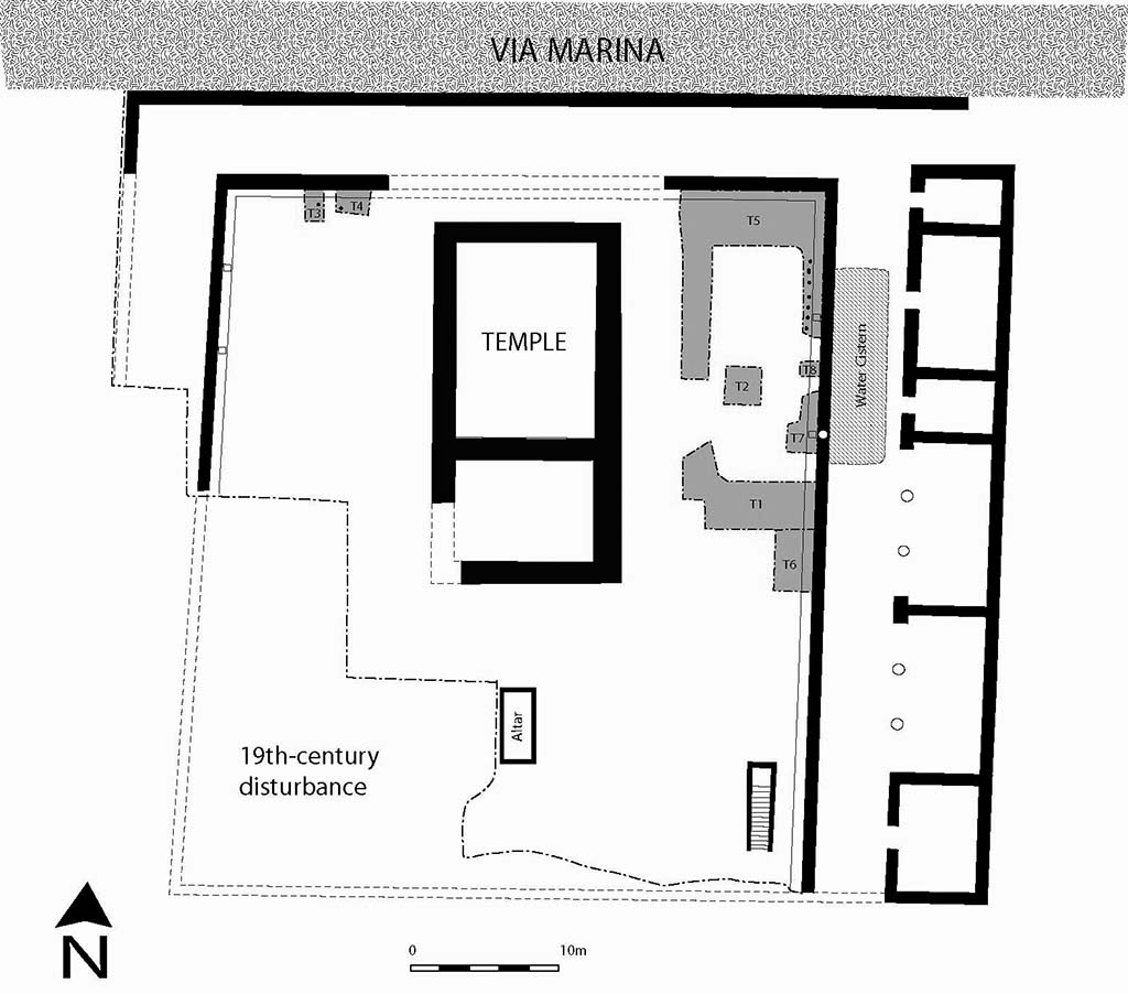 VIII.1.3 Pompeii. Sanctuary of Venus in its first Roman phase of the first century B.C. Excavated trenches are shown in grey; the black dots in the trenches are planting pits.
Plan by O. Jessop. Photo courtesy of M. Carroll.
See Carroll M., 2008. Nemus et Templum. Exploring the sacred grove at the Temple of Venus in Pompeii in Nuove ricerche archeologiche nell�area vesuviana: (scavi 2003-2006). Roma: L�Erma di Bretschneider, p. 38 fig. 1.
