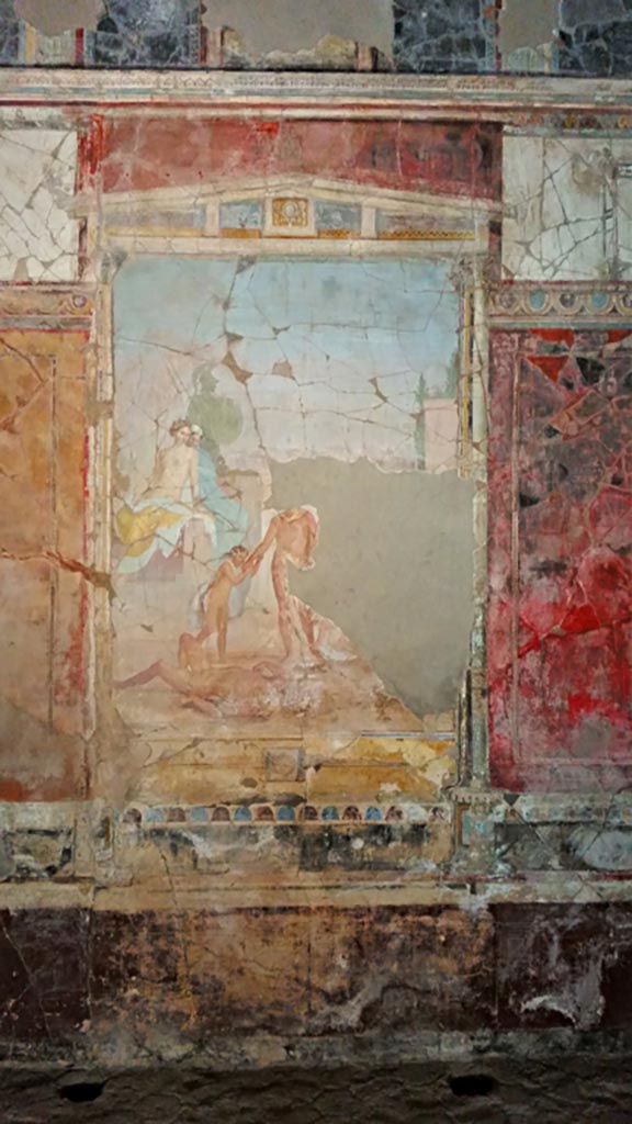VIII.1.a Pompeii. 2016/2017.
Central wall painting from east wall of oecus A. Photo courtesy of Giuseppe Ciaramella.