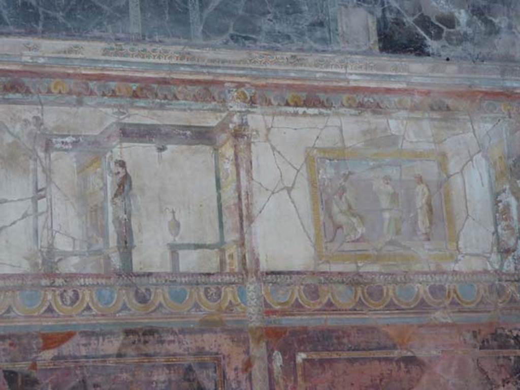 VIII.1.a, Pompeii. June 2017. Oecus A, south end of east wall. Photo courtesy of Michael Binns. On the right is a painted panel of Homer.